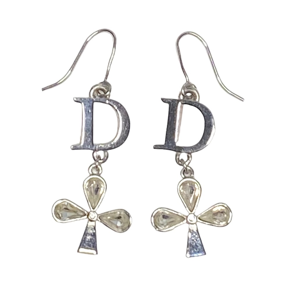 AUTH VTG Christian Dior Silver D Charm Logo Crystal Clover Dangle Hook Earrings - Picture 2 of 13
